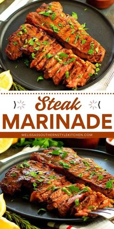 steak marinade on a plate with lemon wedges