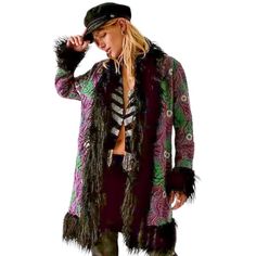 Anna Sui X Free People New With Tags Jacquard Faux Fur Jacket Penny Lane / Festival / Retro / Groovy Long Line Fit Hook & Eye Closure Purple / Lilac / Green Embroidery Black Faux Fur Rare! Sold Out Online Size Medium 19” Pit To Pit 34” Shoulder To Hem Purple Faux Fur Trim Coat For Fall, Purple Long Sleeve Fur Coat With Faux Fur Trim, Purple Fur Coat For Fall, Fitted Purple Winter Outerwear, Purple Long Sleeve Sweater Coat For Fall, Purple Winter Outerwear, Fitted Bohemian Purple Outerwear, Fitted Purple Bohemian Outerwear, Fitted Purple Outerwear For Fall