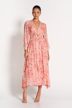 CAPRI SHEER MIDI DRESS - Pink Blossom New SOFIA The Label Australian Clothing, Sheer Midi Dress, Evening Gala, Sheer Robe, Dresses Australia, Designer Midi Dresses, Sheer Long Sleeve, Pink Blossom, Pink Midi Dress