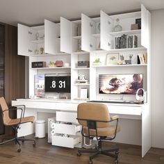 a desk with two chairs and a computer monitor on it in front of a bookshelf