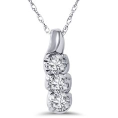 This popular three stone past present future pendant features three round brilliant cut natural diamonds.  All diamonds are prong set in 10k white gold. An 18" 10k white gold clasp lock chain is included. Luxury Three Stone Diamond Necklace, Diamond Chain Necklace, Lock Chain, Diamond Pendent, White Gold Pendant Necklace, Heart Shaped Pendant Necklace, Three Stone Diamond, Past Present Future, Diamond Necklaces