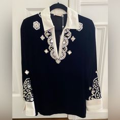 Nwt Tory Burch Hadley Plush-Velvet Embroidered Tunic Top In Nero. Tory Burch Tunic, Cotton Tunic Tops, Hooded Tunic, Chiffon Tunic, Floral Print Tunic, Embroidered Tunic Top, Western Tops, Embroidered Neckline, Linen Tunic