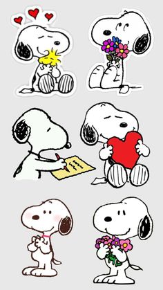 snoopy stickers with hearts, flowers and other things on it's side