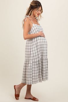 Ivory Plaid Shoulder Tie Maternity Midi Dress– PinkBlush Maternity Dresses Fall, Vintage Maternity Dress, Plus Size Maternity Clothes Summer, Pregnancy Summer Dresses, Cute Pregnancy Outfits For Summer, Pregnant Summer Outfits, Comfy Pregnancy Outfits, Spring Pregnancy Outfits, Boho Maternity Outfits