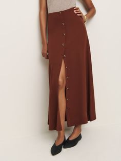 Wear the skirt. Shop the Andi Low Waist Maxi Skirt, a sustainable skirt from Reformation. Low Waist Maxi Skirt, Low Rise Maxi Skirt, Work Wear Outfits, Fig Jam, Vintage Inspired Dresses, A Button, Outerwear Sweater, Inspired Dress, Crepe Fabric