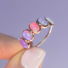 -14kt rose gold vermeil -6x4mm oval cut opal ombre stones, bezel set A striking rose gold band with the perfect opal ombre color way of stones. Pink Opal Jewelry, Bijoux Art Nouveau, Crystal Altar, Fun Outfits, Online Closet, Dope Jewelry, Lia Sophia, Rose Gold Band, Vermeil Jewelry