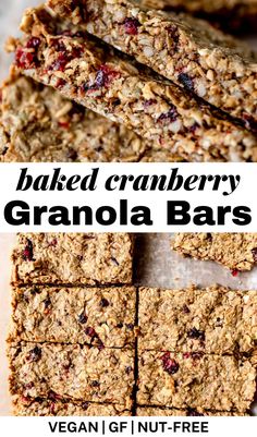 baked cranberry granola bars are stacked on top of each other with text overlay