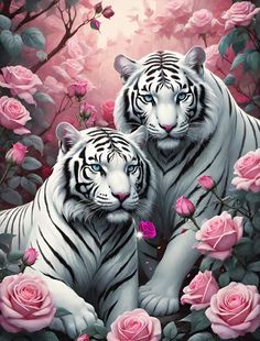 two white tigers sitting next to each other in front of pink flowers and roses on the ground