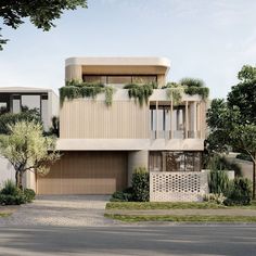 an artist's rendering of a modern house with trees and bushes on the front