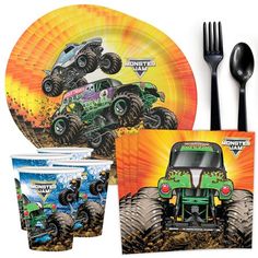 the monster truck party supplies includes plates, forks and utensils for children's birthdays