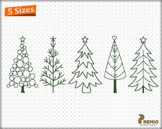 five christmas trees are shown with the number 5 on each side and one is drawn in green