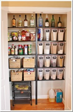 an organized pantry with lots of bottles and containers on the shelves in front of it