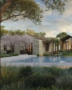 an artist's rendering of a house with a swimming pool in the foreground