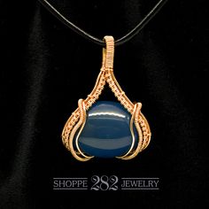 Blue Agate and Gold Wire-Wrapped Pendant | Graceful Weave around Oval Gemstone | Choice of Chain, Wire Choker, or Leather Cord Wire Choker, Wire Wrapped Stone Jewelry, Leather Corded Necklace, Wire Wrapping Stones, Jewelry Tags, Wire Pendant, Wire Weaving, Pendant Gold, Blue Agate