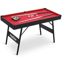 a red pool table with two cues and cues on the top, in front of a white background