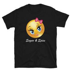 Show the world what you're made of with this Girl's and Women's Cute Love Gift Emoji Sugar & Spice Pink Ribbon T-Shirt. You've now found the staple t-shirt of your wardrobe. It's made of 100% ring-spun cotton and is soft and comfy. The double stitching on the neckline and sleeves add more durability to what is sure to be a favorite. Add it to your cart.   * 100% ring-spun cotton * Sport Grey is 90% ring-spun cotton, 10% polyester * Dark Heather is 65% polyester, 35% cotton * 4.5 oz/yd² (153 g/m² Cute Emoticon, Emoji Gifts, Emoji Shirt, Girl Emoji, Band T Shirts, Sugar And Spice, Pink Ribbon, Haiti, Girls Tshirts