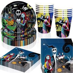 a set of halloween themed plates and napkins with the characters from the animated movie