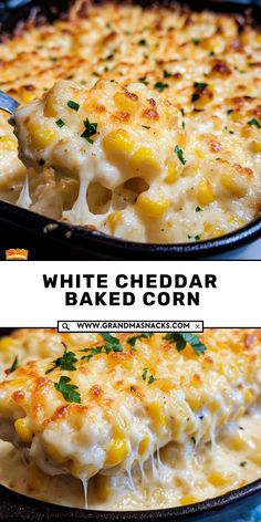 two photos of baked cheesy baked corn casserole with text overlay