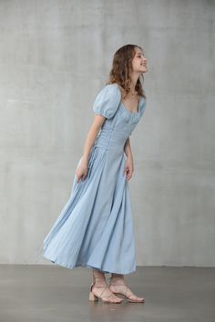 "Linennaive's versatile pieces work for a variety of occasions in effortless shapes and timeless designs. This seafoam-blue girdle dress is cut from a linen and silk-blend and has ruffled neckline and puff sleeve silk sleeves to enhance the breezy, easy-going silhouette. Whether you're going for a casual or classic look, this blue linen midi dress from Linennaive will match perfectly in either way. No doubt. 【Fabric】 Main100% linen, natural pure linen. Medium weight. It is washed with special te Casual Short Sleeve Maxi Dress With Gathered Sleeves, Fitted Square Neck Maxi Dress For Casual Wear, Fitted Square Neck Maxi Dress For Casual Occasions, Casual Maxi Dress With Fitted Bodice And Square Neck, Ruched Cotton Maxi Dress, Cotton Ruched Maxi Dress, Cotton Maxi Dress With Ruched Details, Spring Tea-length Ruched Dress, Fitted Maxi Dress With Ruched Bodice And Square Neck