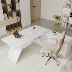 a white desk and chair in an office