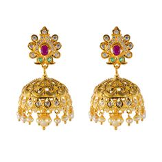 Experience the opulent harmony of traditionalism and beauty with this 22k gold necklace and earring set from Virani Jewelers. Crafted with meticulous detail, this Indian gold jewelry set features a captivating blend of gemstones and pearls The luxurious allure of 22k gold adds a touch of glamour, transforming this 22k gold necklace and Jhumki earring set into a wearable work of art that exudes elegance and timeless beauty. Features • 22k yellow gold • Ruby • Emerald • Cubic zirconia • Pearls Nec Festive 22k Gold Jhumkas For Ceremonial Occasions, Ceremonial 22k Gold Jhumkas For Festive Occasions, Festive Ceremonial 22k Gold Jhumkas, Yellow Gold Jhumkas For Ceremonial Festive Occasions, Yellow Gold Festive Jhumkas For Ceremonial Occasions, Festive Yellow Gold Jhumkas With Intricate Design, Traditional Yellow Gold Jhumkas For Diwali, Traditional Yellow Gold Chandbalis For Festive Occasions, Traditional Yellow Gold Chandbalis With Intricate Design