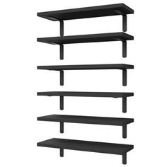 three black shelves are shown with one shelf on each side and the other is empty