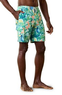 Take a refreshing dip in these sunny-day swim trunks designed with handy pockets and a comfy elastic waist. Elastic/drawstring waist Side-seam pockets; back flap-patch pocket with drainage grommets Mesh liner 100% recycled polyester Machine wash, tumble dry Imported Tropical Swim Trunks With Built-in Shorts For Poolside, Green Swim Trunks With Built-in Shorts For Summer, Tropical Swimwear With Built-in Shorts For Spring, Relaxed Fit Swimwear With Drawstring For Vacation, Green Summer Swim Trunks For Warm Weather, Green Swim Trunks For Vacation Pool Time, Short Swim Trunks With Pockets For Beach Season, Green Swimming Shorts For Vacation, Green Swim Shorts For Vacation