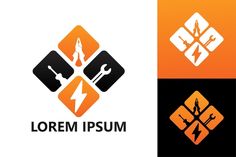 the logo for an electrical company is shown in two different colors and styles, including orange, black, and white