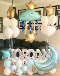 balloons and decorations are arranged in the shape of letters that spell out'jordan '