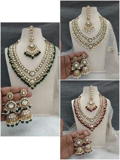 *Light Weight Kundan layered necklace set with earrings and tikka. *Studded with kundan stone. *Light Weight Gold kundan necklace. *No.1 to No.2 *Earrings Length- 3.2 inches(included pearl drop) *Earrings Dome Size- 1 inches *No.3 to No.5 *Earrings Length- 3.5 inches(included pearl drop) *Earrings Dome Size- 1 inches Bridal Necklace Layering, Gold White Wedding, Indian Jewelry Gold, Kundan Jewellery Bridal, Bride Jewelry Set, Indian Bridal Jewellery, Necklace Set Indian, Bridal Outfit, Bride Jewelry