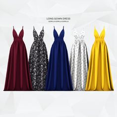 four dresses in different colors and patterns on a white background with the words long gowns