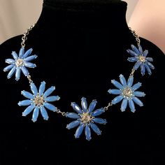 Color Necklace 18" Silver-Tone Blue Flowers Thank You For Looking! Elegant Blue Flower-shaped Necklace, Elegant Blue Flower Shaped Necklace, Blue Flower Shaped Necklace Gift, Elegant Blue Flower Necklace, Blue Flower-shaped Jewelry With Flower Charm, Blue Flower Necklace For Gifts, Blue Flower Charm Necklace As Gift, Blue Adjustable Flower Necklace For Gift, Adjustable Blue Flower Necklace For A Gift