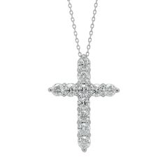 Let your spirituality sparkle with this beautiful diamond cross pendant necklace. Diamonds, prong set in a classic cross pattern, dazzle with their ethereal brilliance for a meaningful display of your faith. - Eleven diamonds are finely cut for brilliance, near colorless, prong set and weigh 2ct tw - Diamonds are certified to be ethically and responsibly sourced - Cross necklace is crafted of fine quality 14 karat white gold for a lifetime of wear - Cross measures 1" long x .80" wide - Chain adj Diamond Cross Necklace, Diamond Cross Necklaces, Diamond Cross Pendants, Diamond Cross, Cross Patterns, Cross Pendant Necklace, Cross Pendant, Prong Setting, Diamond Jewelry