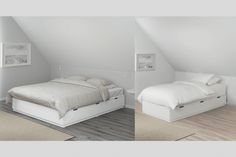 two pictures of a bedroom with white walls and wood flooring, one is empty