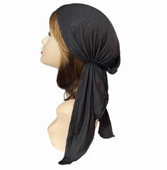 Very Soft, comfortable stretchy pre tied bandana / head scarf / Tichel Elastic back for easy-on, easy-off style.  One size fits most.  Machine Wash Cold. Made in the USA. 95% Rayon 5% Spandex Adjustable Black Bandana For Spring, Casual Summer Stretch Headwrap, Casual Headwrap One Size Fits Most, Casual Headwrap For Summer, Casual Adjustable Black Headscarf, Adjustable Black Casual Headscarf, Black Headwrap One Size, One Size Black Scarf Headwrap, Black One-size Headwrap With Scarf Detail