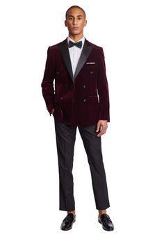 Whether you are attending a special event or a formal event, this maroon velvet double-breasted tuxedo jacket will be the perfect choice, featuring a peak lapel with side vents and a complementary pocket square. A poly-nylon blend makes this jacket comfortable and stylish. Wear it with Sloane tux pants and a bow tie to complete the look.PRODUCT DETAILS: style 6472J slim fit suit jacket double-breasted peak lapel complimentary pocket square side vents poly-nylon blend dry clean only imported Velvet Dinner Jacket, Double Breasted Tuxedo, Fall Suit, Dinner Jacket, Formal Pants, Peak Lapel, Tuxedo Jacket, Slim Fit Suit, Fall Shopping