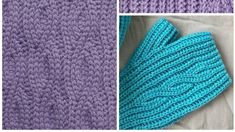 three different knitted items, one blue and the other purple with white stitchs