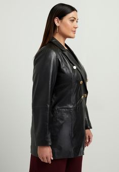 Smooth, supple nappa leather delivers a modern update for this timeless double-breasted blazer. Gold buttons add extra sophistication, making this a Blazer Gold Buttons, Blazer For Women, Thermal Sweater, Jumpsuit Jacket, Womens Scrubs, Dark Jeans, Swimsuits For All, Black Set, Blazer Black