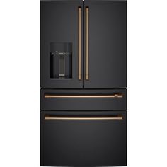 a black refrigerator freezer with gold trimmings and two doors on the front