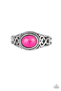 A vivacious pink stone is pressed into the center of a dainty silver band radiating with studded and filigree textures for a seasonal look. Features a dainty stretchy band for a flexible fit. Sold as one individual ring. P4SE-PKXX-061XX Paparazzi Accessories Jewelry, Southwest Boho, Pink Stone Rings, Mixed Metal Jewelry, Paparazzi Accessories, Exclusive Jewelry, Inspired Jewelry, Filigree Ring, Pink Ring