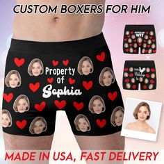 💗💗Put the face on a pair of funny boxers and create the perfect gift! Our customized underwear can be given to your boyfriend, girlfriend, husband, friend, etc. on Valentine's Day, wedding anniversary, birthday, and other commemorative festivals. How to order? 1. Choose your favorite size and color, then place an order. 2. After payment, send your photo via ETSY message chat or my mailbox. 3. Our designer will do the rest for you, please wait for the awesome briefs. About Item: ✭100% Polyester. Two-sided fleece finish. ✭Designed for fashion men, stylish and personalized. Lightweight fabrication for a comfortable fit. ✭Covered black nylon elastic waistband ensures consistent comfort throughout Elastic and soft. 👉Machine washable. The print on briefs is unable to fade. 👉Available Size (G Wedding Anniversary Gifts For Him, Funny Boxers, Custom Boxers, Funny Boxer, Boxers Briefs, Mens Boxers, Anniversary Gifts For Him, Boyfriend Girlfriend, Black Nylons