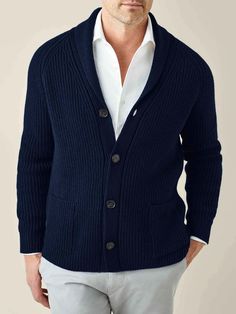 Midnight Blue Chunky Knit Cashmere Cardigan | LUCA FALONI Elegant Wool Cardigan With Shawl Collar, Elegant Cashmere Cardigan For Formal Occasions, Elegant Cashmere Cardigan For Formal Events, Formal Merino Wool Sweater For Winter, Elegant Wool Sweater With Shawl Collar, Wool Shawl Collar Cardigan For Work, Elegant Fitted Shawl Collar Cardigan, Elegant Fitted Cardigan With Shawl Collar, Luxury Merino Wool Sweater For Formal Occasions