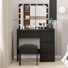 a vanity with a stool and mirror in a room