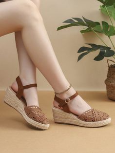 Women's High Heel Wedge Sandals With Thick Bottom, Lace-Up Straps, Silk Ribbon, Woven & Hollow Out Design, Fashionable Fisherman Slippers Coffee Brown Vacation    Plain    Women Shoes, size features are:Bust: ,Length: ,Sleeve Length: Closed Toe Wedges, Peep Toe Wedge Sandals, Fisherman Sandals, High Heel Wedges, Long Sleeve Tops Casual, Heels & Wedges, Coffee Brown, Platform Wedge Sandals, Silk Ribbon