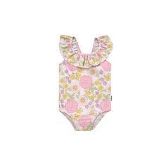 Give your baby girl this stylish one-piece swimsuit that she’ll love! It's got those adorable frills and a cute pattern that's perfect for trips to the beach or fun in the backyard. Plus, it's made from UPF 50+ material, so you can be sure she's safe while under the sun. Our essentials have been independently certified with STANDARD 100 by OEKO-TEX® so that you don’t have to worry about harmful substances in your baby’s wardrobe. Includes one-piece swimsuit. Cute Ruffled Swimwear For Poolside, Pink Ruffled One-piece For Beach, Pink Ruffled One Piece For Beach, Pink Ruffled One-piece Swimsuit For The Beach, Cute Ruffled Swimwear For Vacation, Pink Ruffled One-piece Swimwear For Beach, Pink Printed Onesie For Summer, Summer Pink Printed Onesie, Pink Ruffled One Piece For Poolside