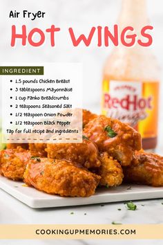 the recipe for hot wings is shown on a plate