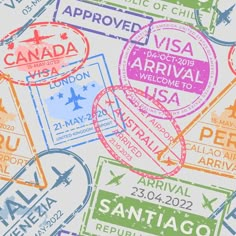 passport stamps on a white background with the words visa, arrival and destination stamped into them