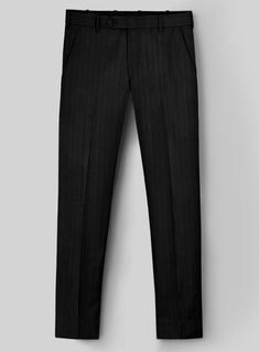 Strike a chord with an aura of class and distinction in our Hardy Minnis Black Pinstripe Wool Suit. Crafted from the finest quality wool, renowned for its luxurious texture and impeccable drape, this distinguished ensemble features a lustrous black hue, elegantly highlighted by understated pinstripes that add a touch of refinement without overwhelming the classic aesthetic. Whether you are commanding the boardroom, attending a formal gala, or gracing an upscale event, this suit promises to enhance your presence with its unparalleled elegance.   The "Enterprise" collection by Hardy Minnis, crafted from Huddersfield's rich textile heritage, offers luxurious Super 100s fabric weighing 210gsm. Ideal for suits and formal wear, this collection combines traditional and modern designs, ensuring sm Pinstripe Wool Suits For Formal Occasions, Classic Tailored Suit With Vertical Stripes, Elegant Pinstripe Suits For Business Casual, Classic Tailored Suits With Vertical Stripes, Elegant Striped Suits For Business Casual, Black Wool Suits For Black-tie Events, Black Luxury Suit With Welt Pockets, Elegant Suits With Vertical Stripes For Formal Occasions, Fitted Suits With Vertical Stripes For Formal Occasions