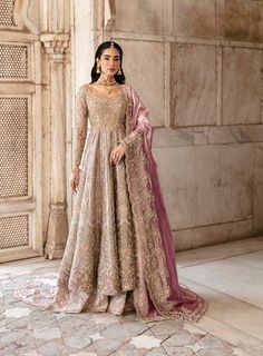 Royal Pakistani Bridal Outfit in Pishwas Frock Lehenga Style Pakistani Bridal Dress, Raw Silk Lehenga, Bridal Dupatta, Frock Style, Pakistani Wedding Dress, Lehenga Style, Net Dress, Lavender Dresses, Pakistani Bridal Dresses