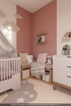 a baby's room with pink walls and white furniture